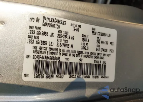 2004 Chrysler Town & Country Lx из США, поврежденный, VIN 2C4GP44R04R618408